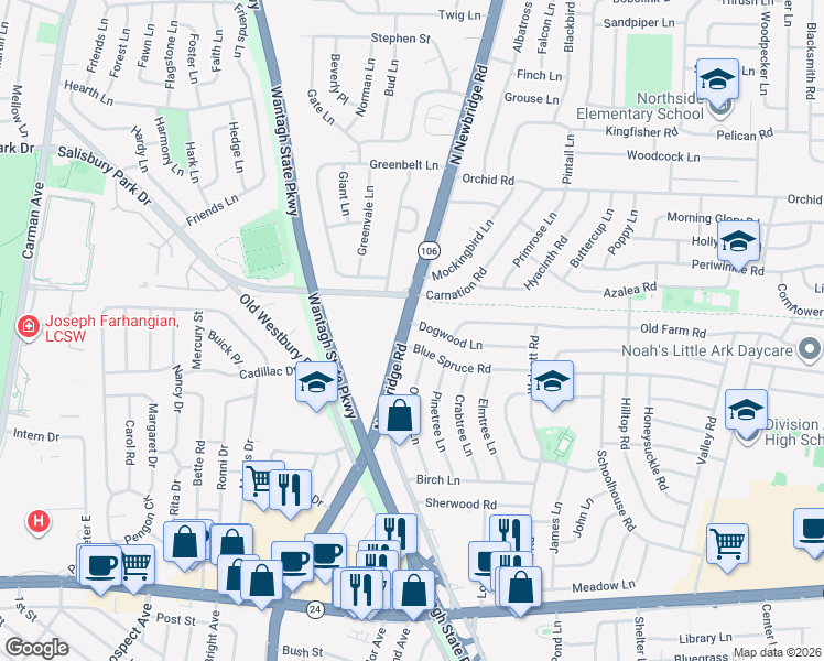 map of restaurants, bars, coffee shops, grocery stores, and more near 2 Dogwood Lane in Levittown