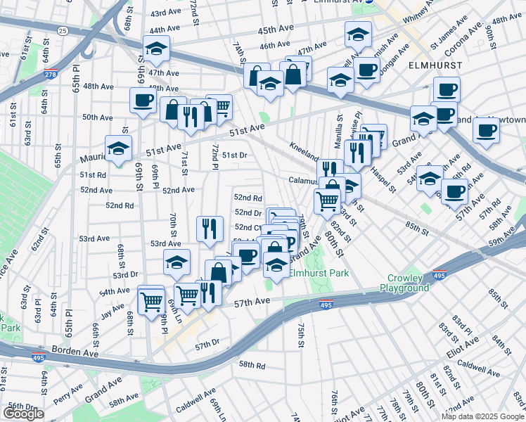 map of restaurants, bars, coffee shops, grocery stores, and more near 53 52nd Drive in Queens