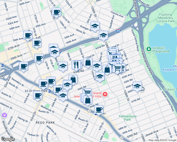 map of restaurants, bars, coffee shops, grocery stores, and more near 102-01 63rd Drive in Queens