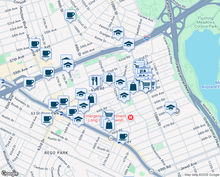 map of restaurants, bars, coffee shops, grocery stores, and more near 102-01 63rd Drive in Queens