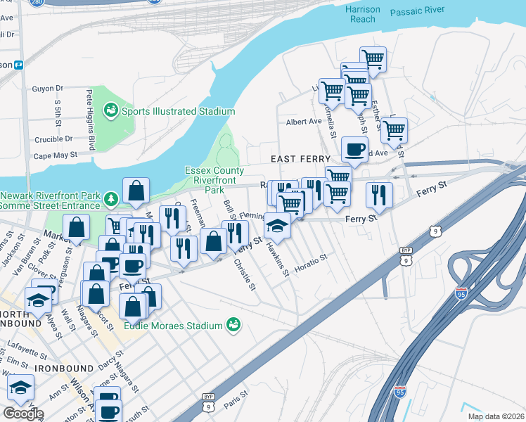 map of restaurants, bars, coffee shops, grocery stores, and more near 144 Fleming Avenue in Newark