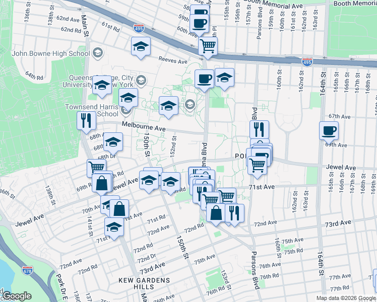 map of restaurants, bars, coffee shops, grocery stores, and more near 152-43 Jewel Avenue in Queens