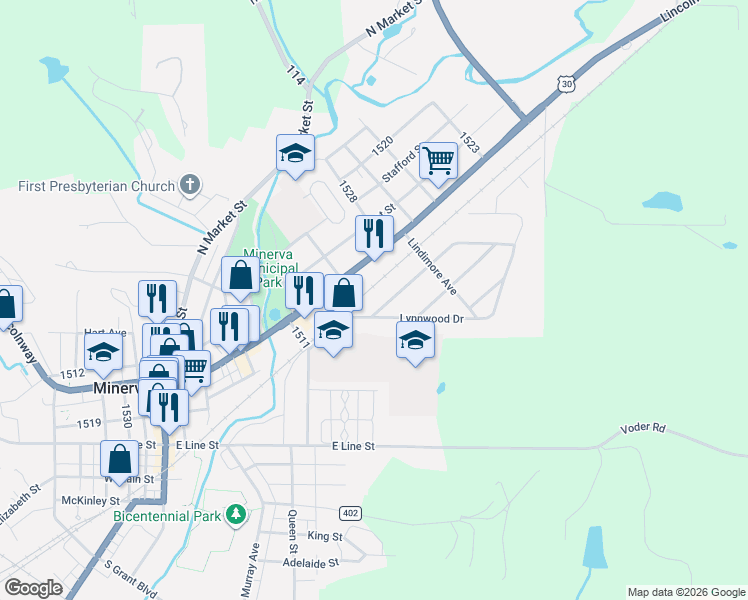 map of restaurants, bars, coffee shops, grocery stores, and more near 710 McDaniel Ave in Minerva