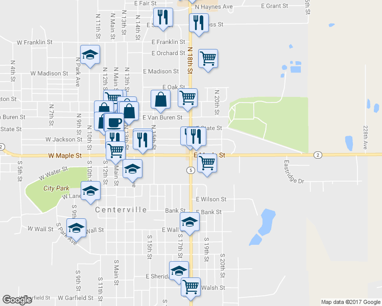 map of restaurants, bars, coffee shops, grocery stores, and more near 115 North 18th Street in Centerville