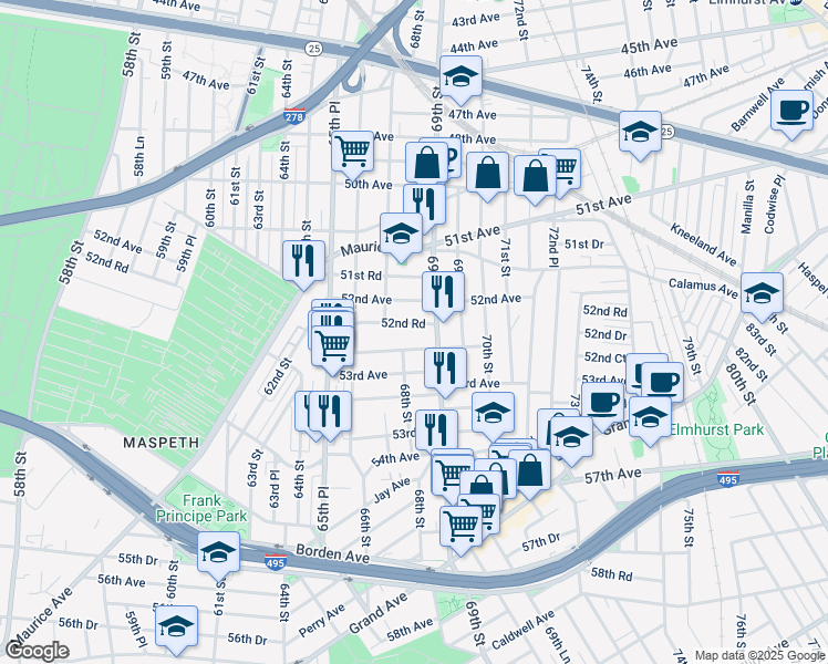 map of restaurants, bars, coffee shops, grocery stores, and more near 66-43 52nd Drive in Queens