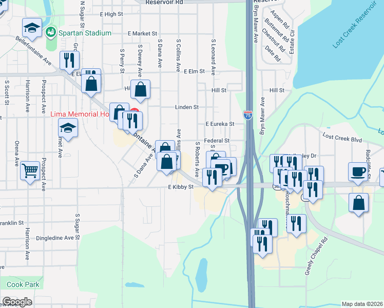 map of restaurants, bars, coffee shops, grocery stores, and more near 541 South Collins Avenue in Lima