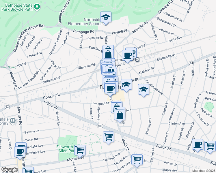 map of restaurants, bars, coffee shops, grocery stores, and more near 280 Main Street in Farmingdale