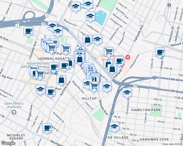 map of restaurants, bars, coffee shops, grocery stores, and more near 84 Court House Place in Jersey City