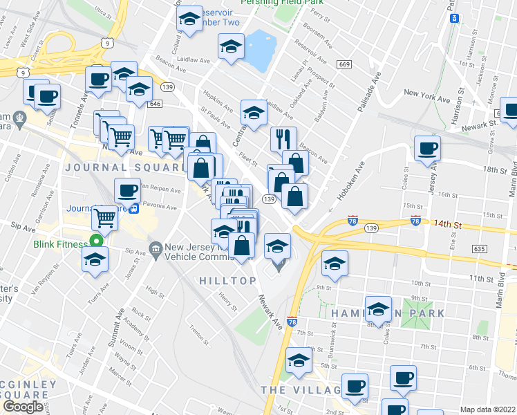 map of restaurants, bars, coffee shops, grocery stores, and more near 46 Washburn Street in Jersey City