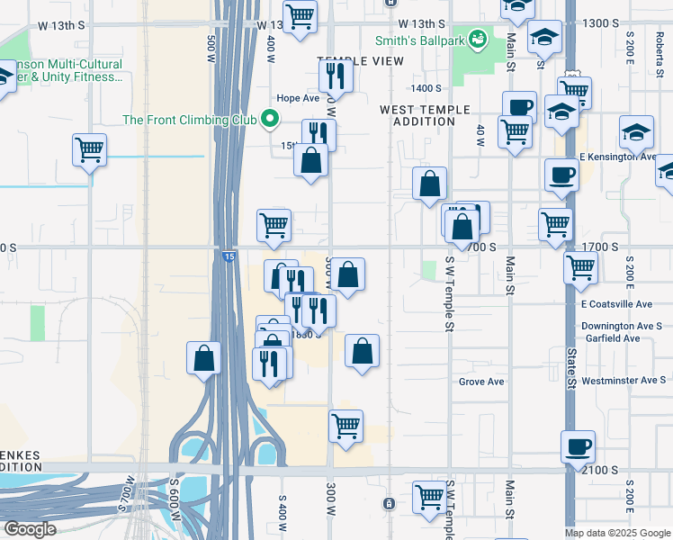 map of restaurants, bars, coffee shops, grocery stores, and more near 1735 South 300 West in Salt Lake City