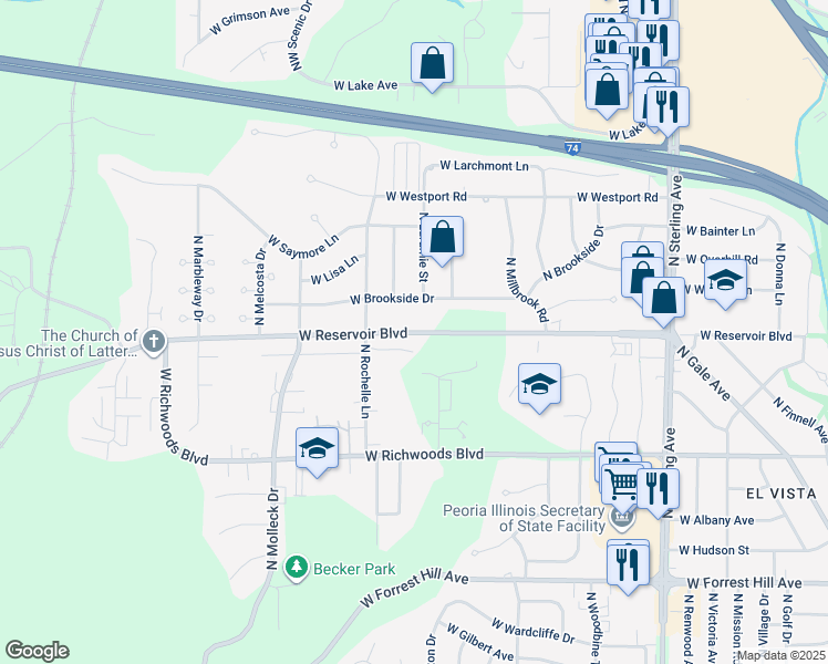 map of restaurants, bars, coffee shops, grocery stores, and more near 3100 West Reservoir Boulevard in Peoria