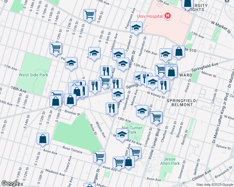 map of restaurants, bars, coffee shops, grocery stores, and more near 361 Springfield Avenue in Newark