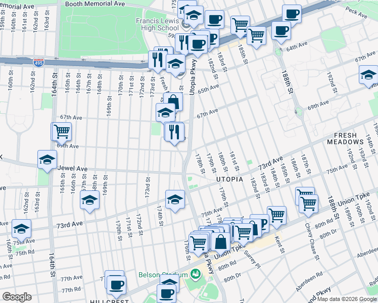 map of restaurants, bars, coffee shops, grocery stores, and more near Utopia Pkwy & 69th Ave in Queens