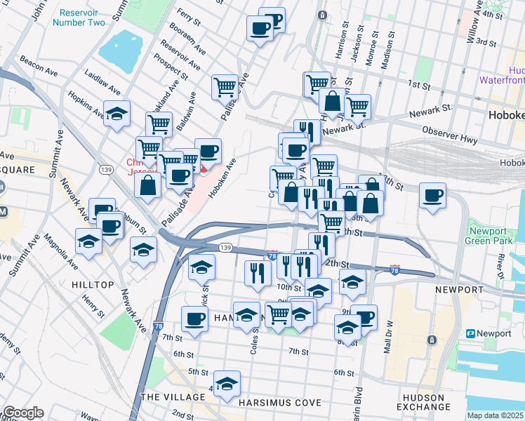map of restaurants, bars, coffee shops, grocery stores, and more near in Jersey City