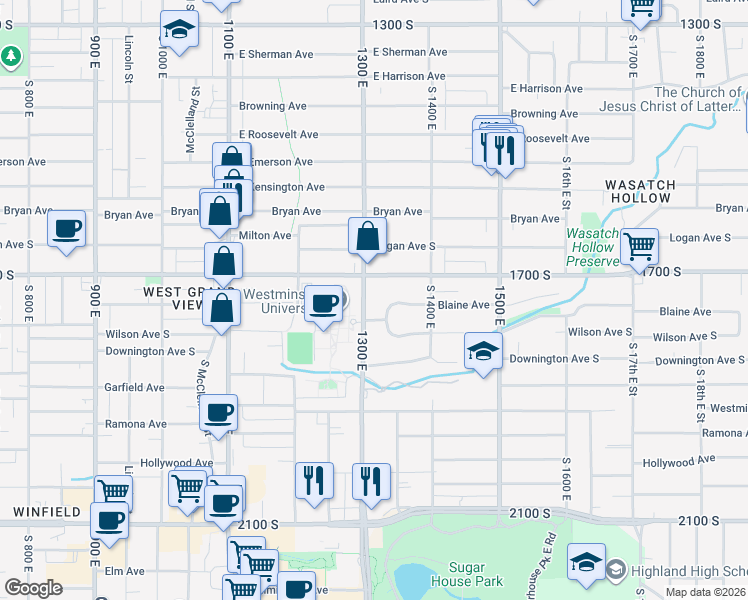 map of restaurants, bars, coffee shops, grocery stores, and more near 1733 1300 East in Salt Lake City