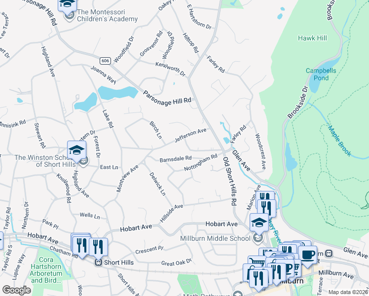 map of restaurants, bars, coffee shops, grocery stores, and more near 40 Washington Avenue in Millburn