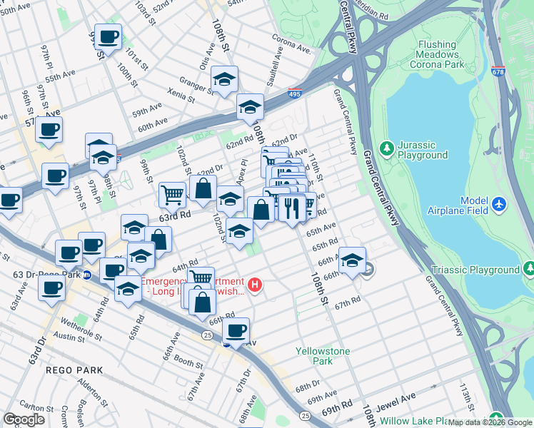 map of restaurants, bars, coffee shops, grocery stores, and more near 10525 64th Avenue in Queens