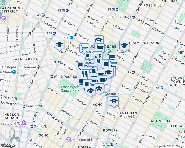 map of restaurants, bars, coffee shops, grocery stores, and more near 28 East 10th Street in New York