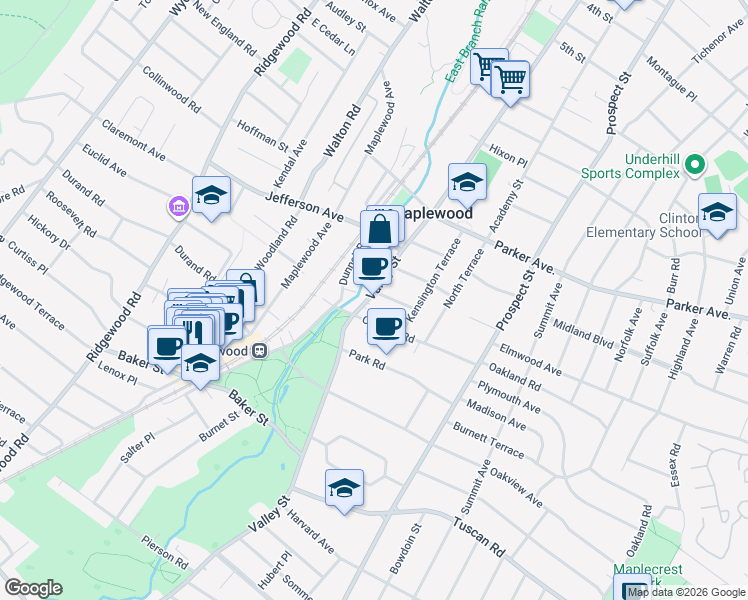 map of restaurants, bars, coffee shops, grocery stores, and more near 535-543 Valley Street in Maplewood