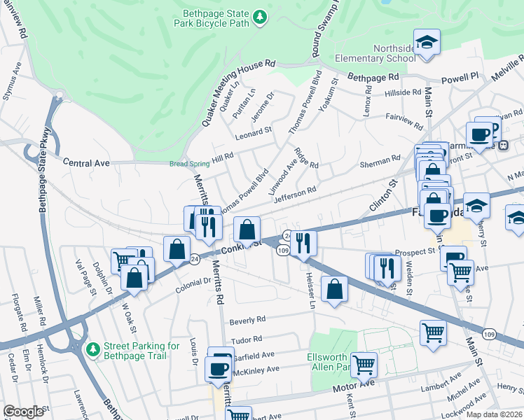 map of restaurants, bars, coffee shops, grocery stores, and more near 120 Jefferson Rd in Farmingdale