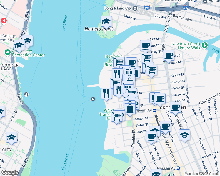 map of restaurants, bars, coffee shops, grocery stores, and more near 31 Huron Street in Brooklyn