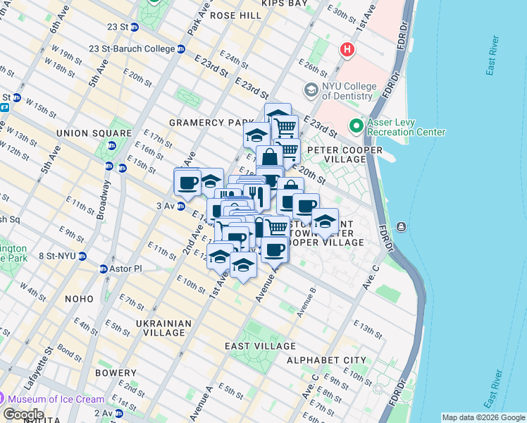 map of restaurants, bars, coffee shops, grocery stores, and more near 262 1st Avenue in New York