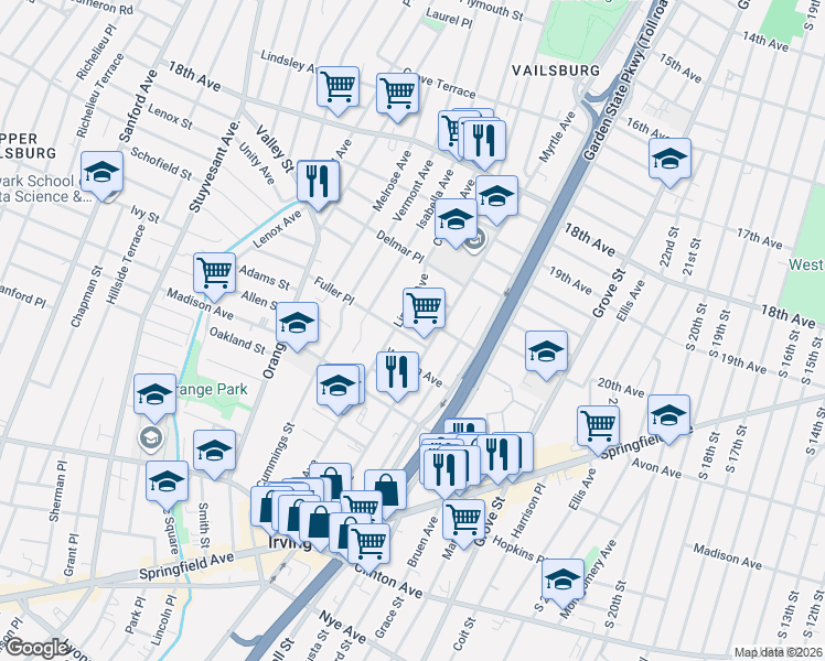 map of restaurants, bars, coffee shops, grocery stores, and more near 18 Fuller Place in Irvington