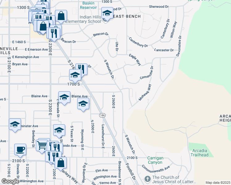 map of restaurants, bars, coffee shops, grocery stores, and more near 1745 South 26th East in Salt Lake City