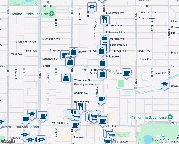map of restaurants, bars, coffee shops, grocery stores, and more near 1731 South 1000 East in Salt Lake City