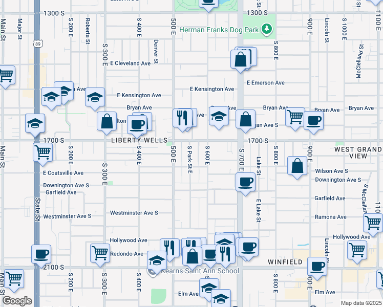 map of restaurants, bars, coffee shops, grocery stores, and more near 1744 Park Street East in Salt Lake City