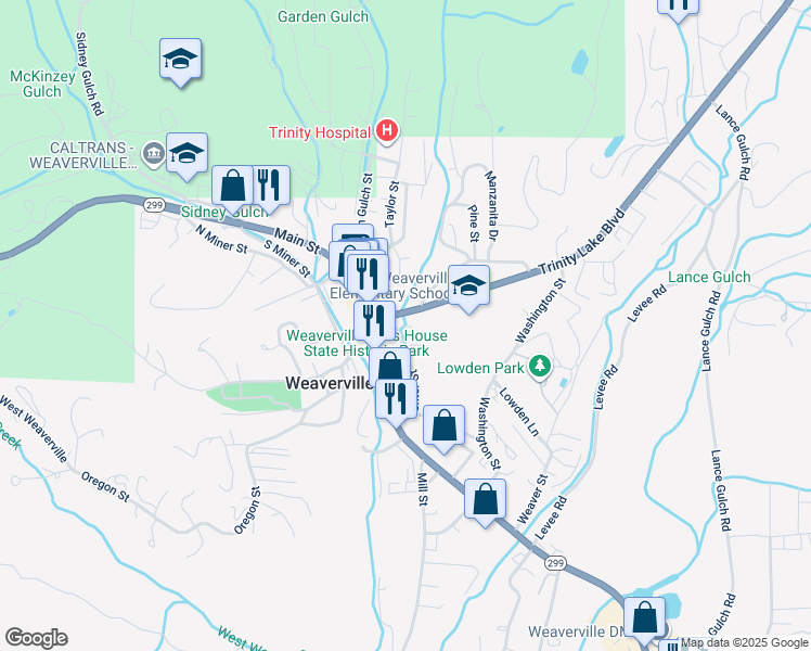 map of restaurants, bars, coffee shops, grocery stores, and more near Center St in Weaverville