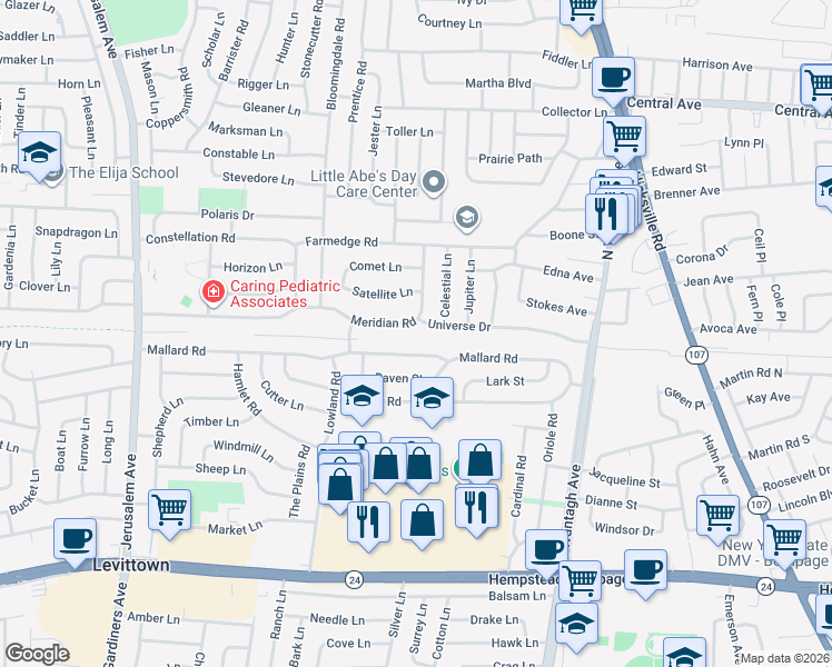 map of restaurants, bars, coffee shops, grocery stores, and more near 4 Universe Drive in Levittown