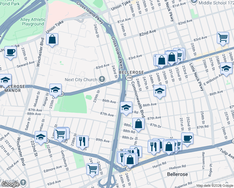map of restaurants, bars, coffee shops, grocery stores, and more near 241-47 85th Road in Queens