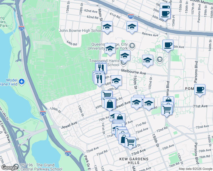 map of restaurants, bars, coffee shops, grocery stores, and more near in Queens