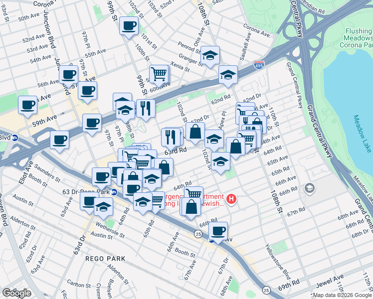 map of restaurants, bars, coffee shops, grocery stores, and more near 99-44 63rd Road in Queens
