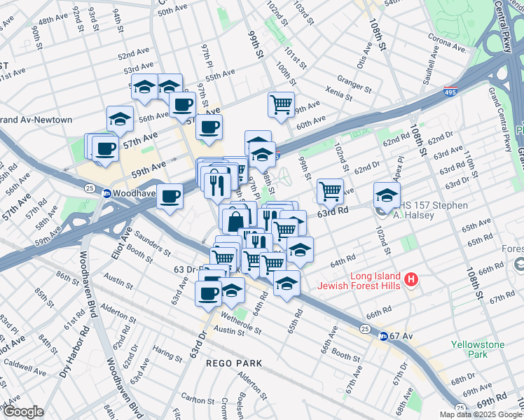 map of restaurants, bars, coffee shops, grocery stores, and more near 97-10 62nd Drive in Queens