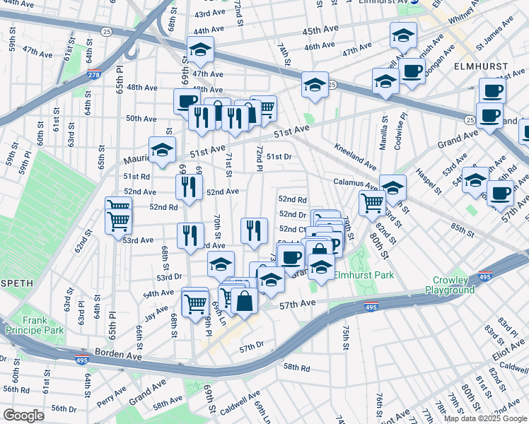 map of restaurants, bars, coffee shops, grocery stores, and more near 52-40 72nd Place in Queens