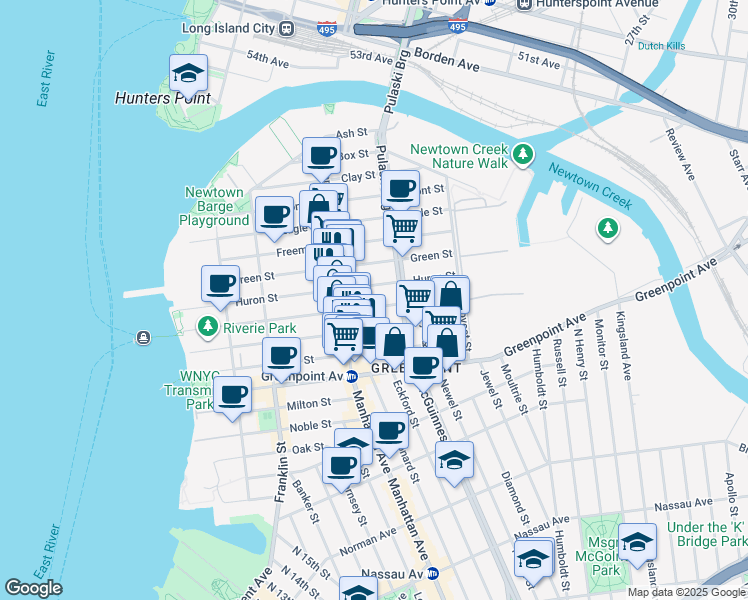 map of restaurants, bars, coffee shops, grocery stores, and more near 171 India Street in Brooklyn