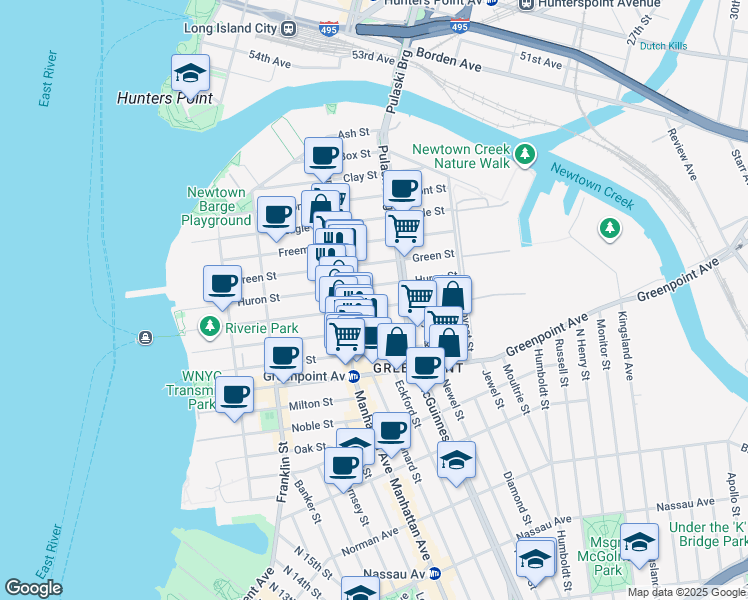 map of restaurants, bars, coffee shops, grocery stores, and more near 171 India Street in Brooklyn