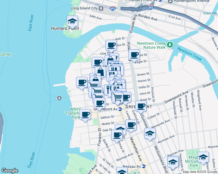 map of restaurants, bars, coffee shops, grocery stores, and more near 109 India Street in Brooklyn