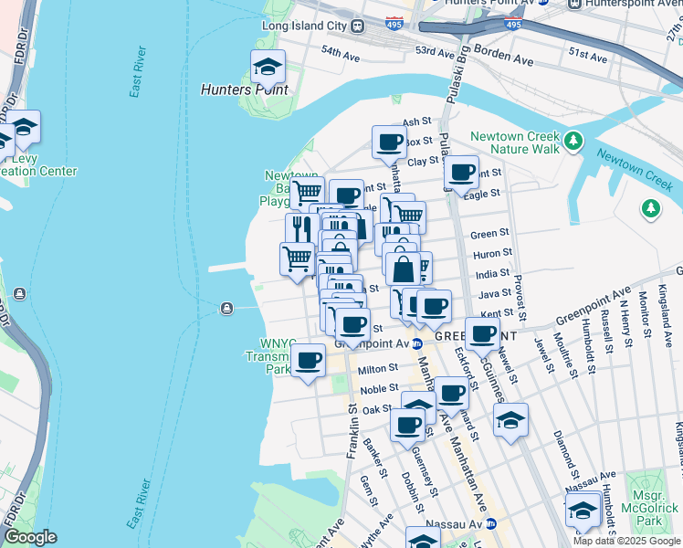 map of restaurants, bars, coffee shops, grocery stores, and more near 159 Franklin Street in Brooklyn