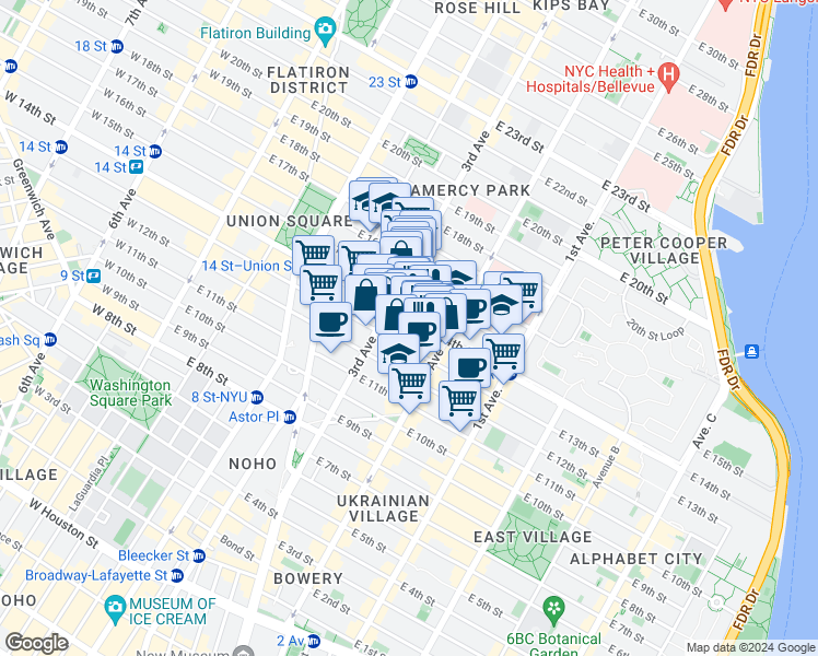 map of restaurants, bars, coffee shops, grocery stores, and more near 230 East 14th Street in New York
