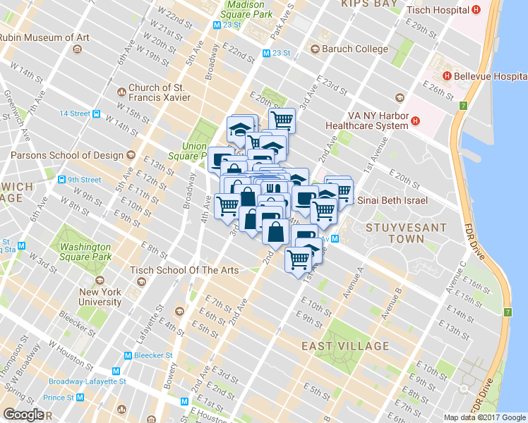 map of restaurants, bars, coffee shops, grocery stores, and more near 230 East 14th Street in New York