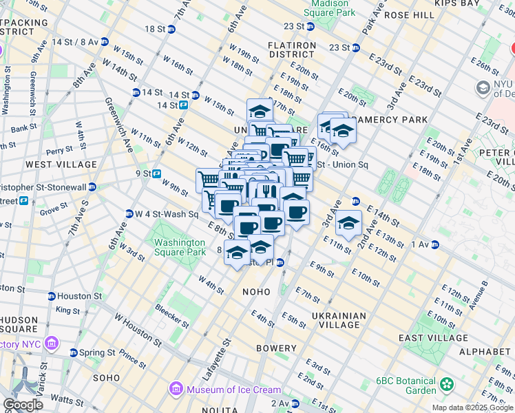 map of restaurants, bars, coffee shops, grocery stores, and more near 76 East 11th Street in New York