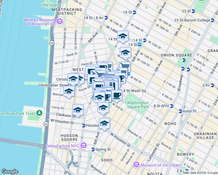 map of restaurants, bars, coffee shops, grocery stores, and more near in New York