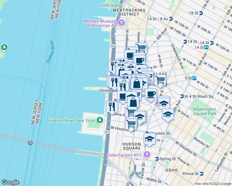 map of restaurants, bars, coffee shops, grocery stores, and more near 391 West Street in New York