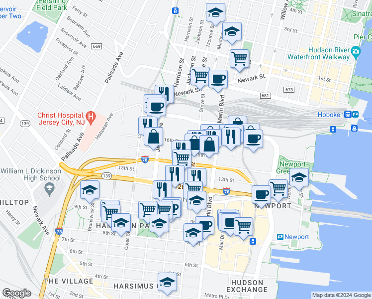 map of restaurants, bars, coffee shops, grocery stores, and more near 209 16th Street in Jersey City