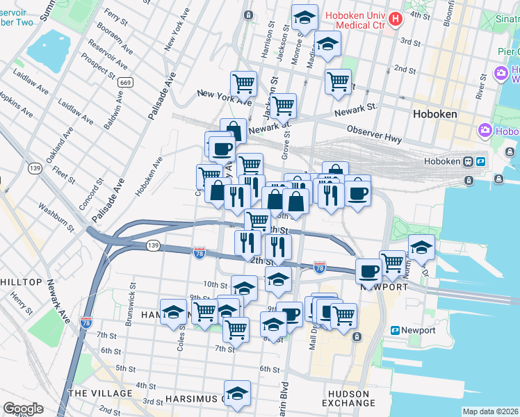map of restaurants, bars, coffee shops, grocery stores, and more near 209 16th Street in Jersey City