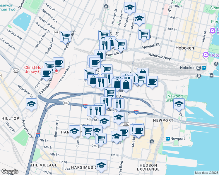 map of restaurants, bars, coffee shops, grocery stores, and more near 264 Erie Street in Jersey City