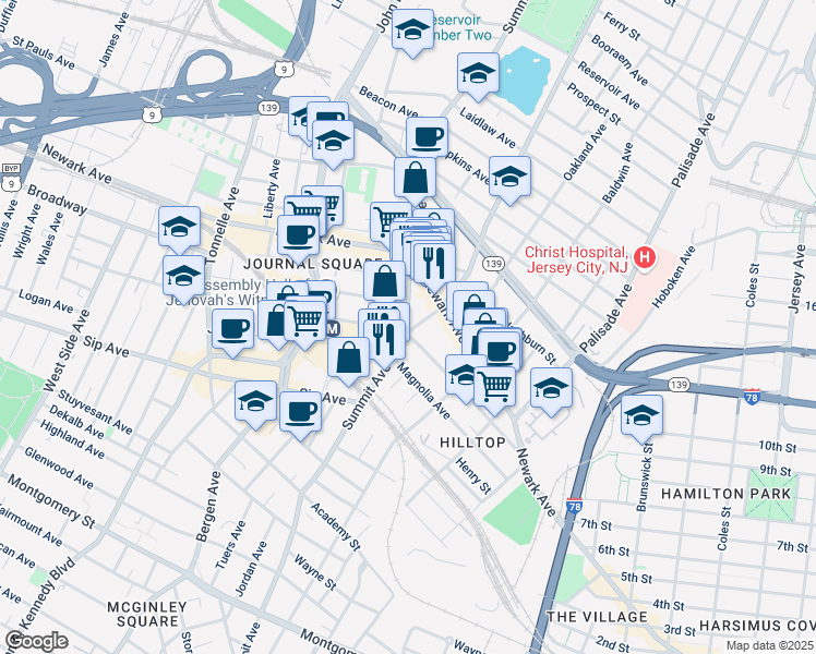 map of restaurants, bars, coffee shops, grocery stores, and more near in Jersey City